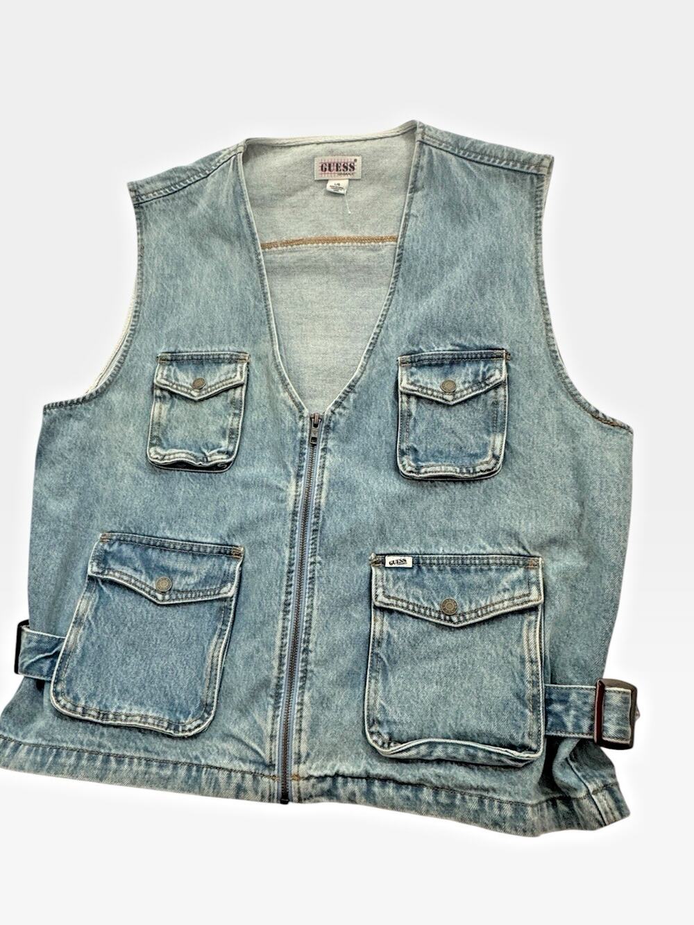 Vintage 1980s Guess Denim Vest CARGO Utility Oversized Zip Up Sz Large Marciano